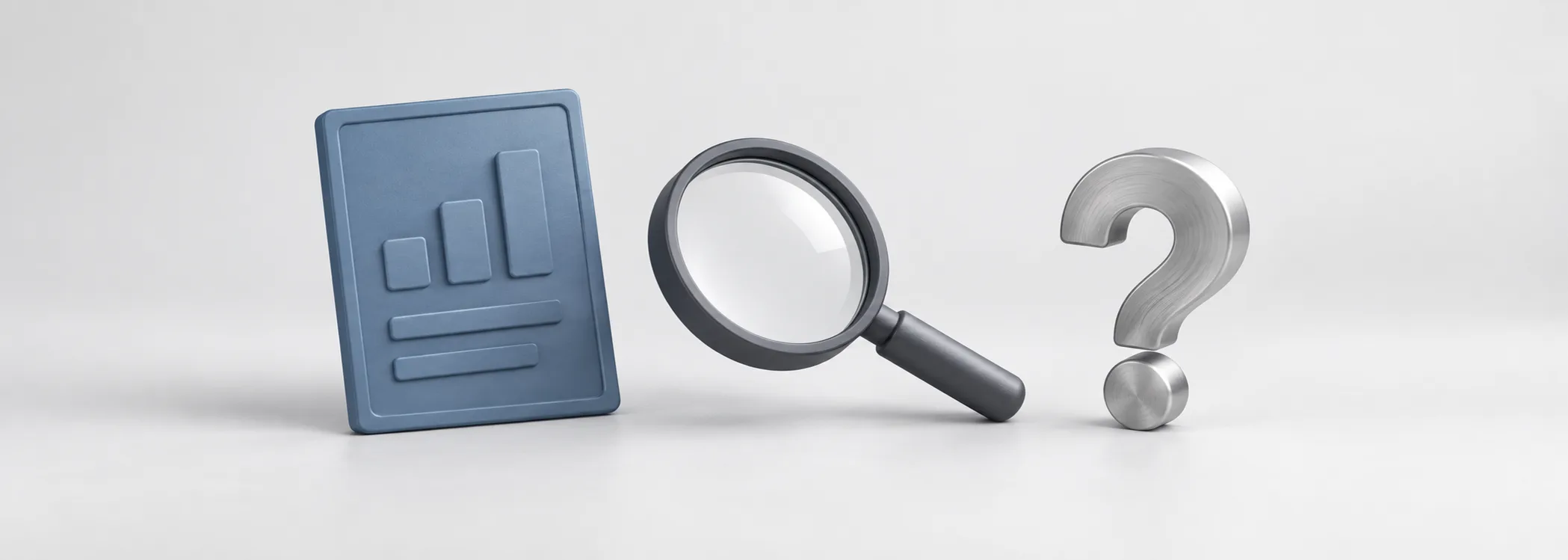 A blue report card, graphite magnifying glass and silver question-mark sculpture represent checking financial reports.
