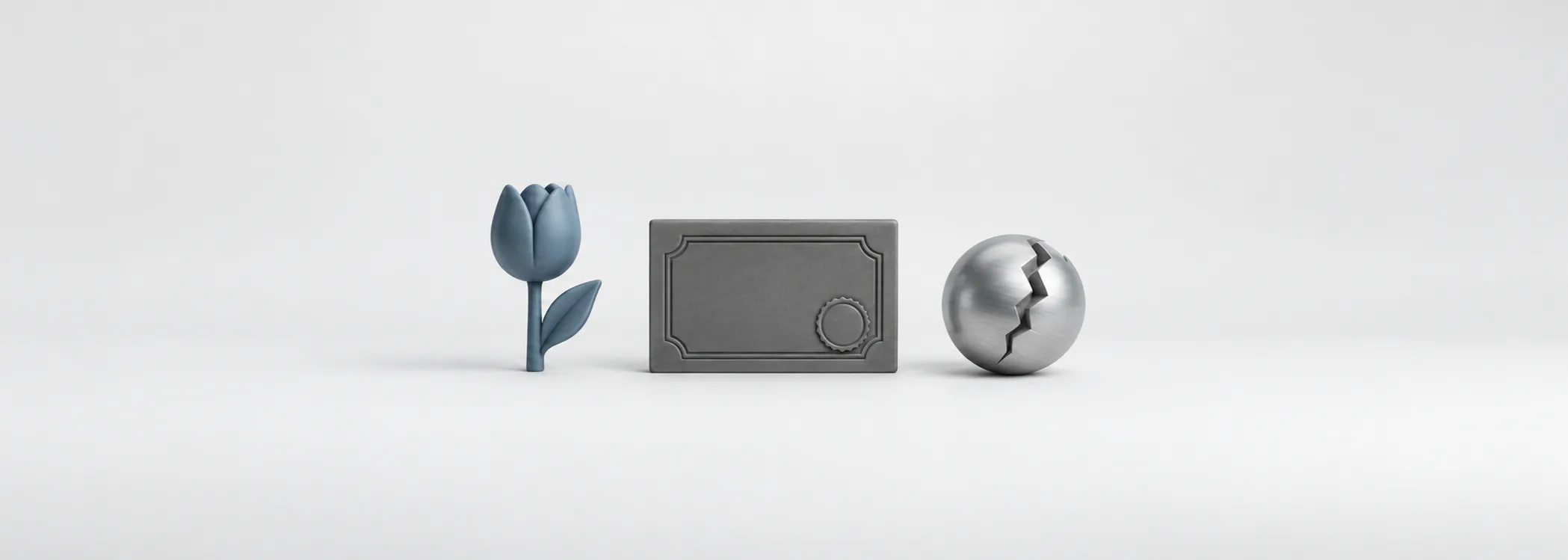 A steel blue tulip, a graphite share certificate and a cracked silver sphere symbolize speculative excitement and collapse.