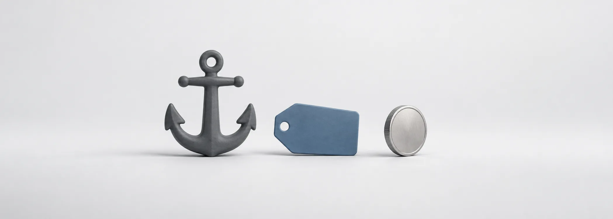 A graphite anchor, steel-blue price tag and silver coin represent the pull of an investment's purchase price.