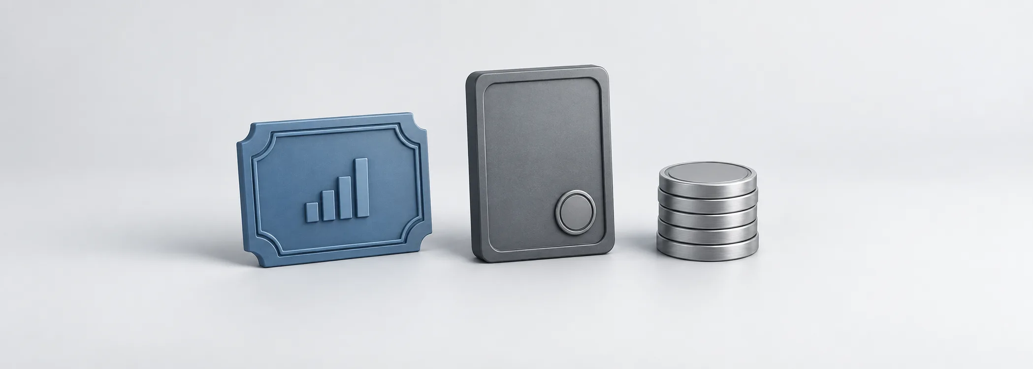 A blue share certificate, a graphite loan note and silver coins represent ownership, lending and cash.