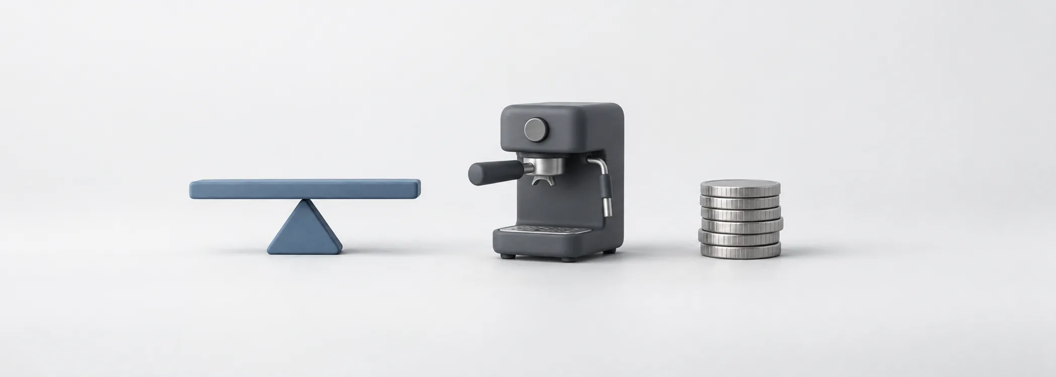 A blue balance beam, graphite coffee machine and silver coins represent the resources and claims on a coffee business.