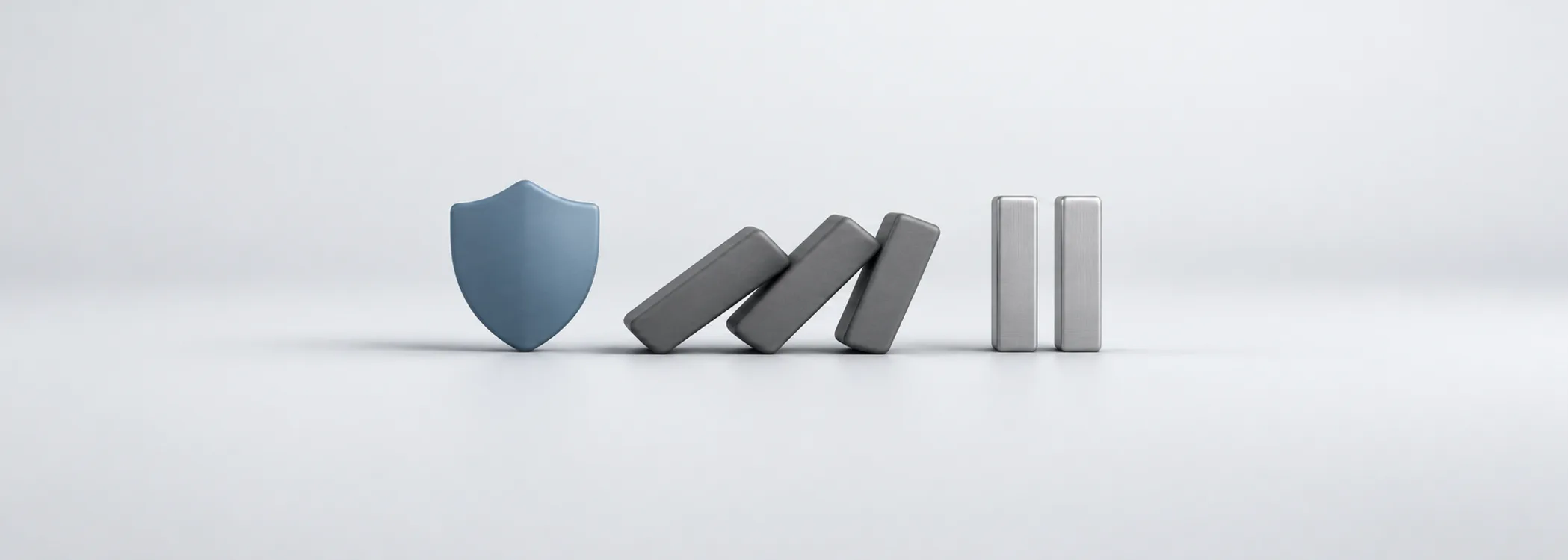 A steel-blue shield beside falling graphite dominoes and a silver pause symbol, representing selling rules and market stress.
