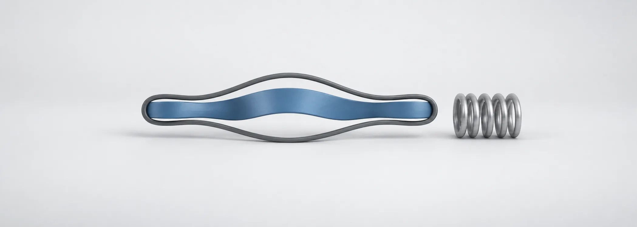 A steel-blue ribbon within a graphite loop, beside a silver spring, representing a changing price envelope.
