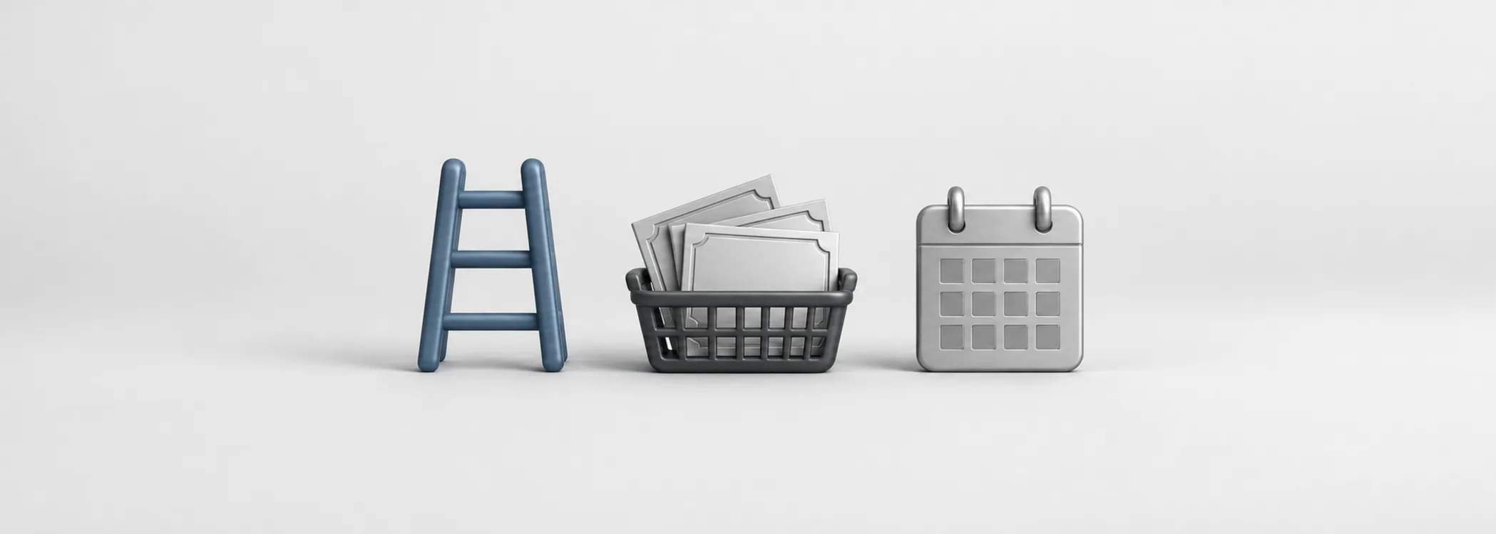 A steel-blue ladder, a graphite basket of certificates and a silver calendar represent bond maturities and pooled investing.