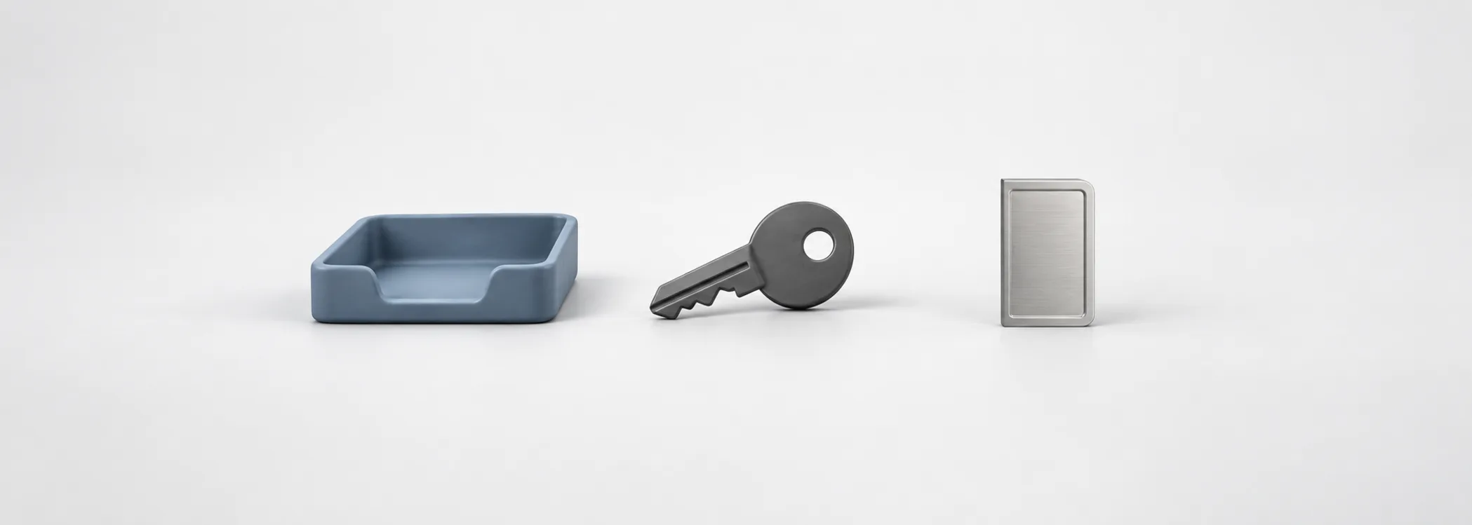 A steel-blue account tray, graphite key and silver share tile represent an account, custody and share ownership.