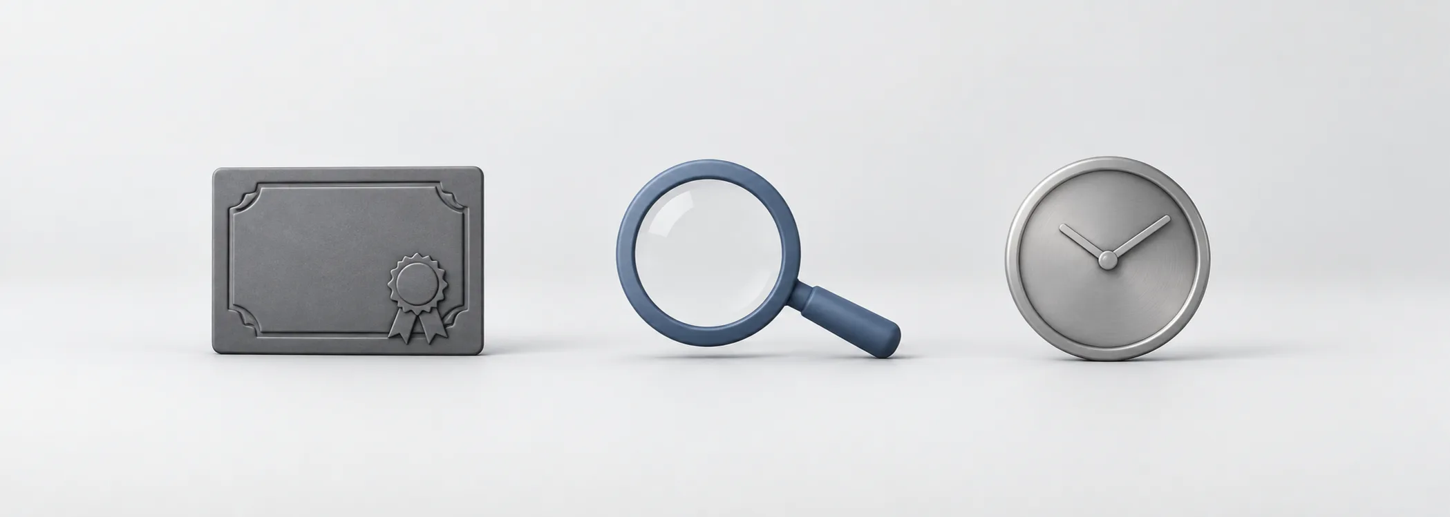 A graphite certificate, steel-blue magnifying glass and silver clock represent a patient stock research routine.