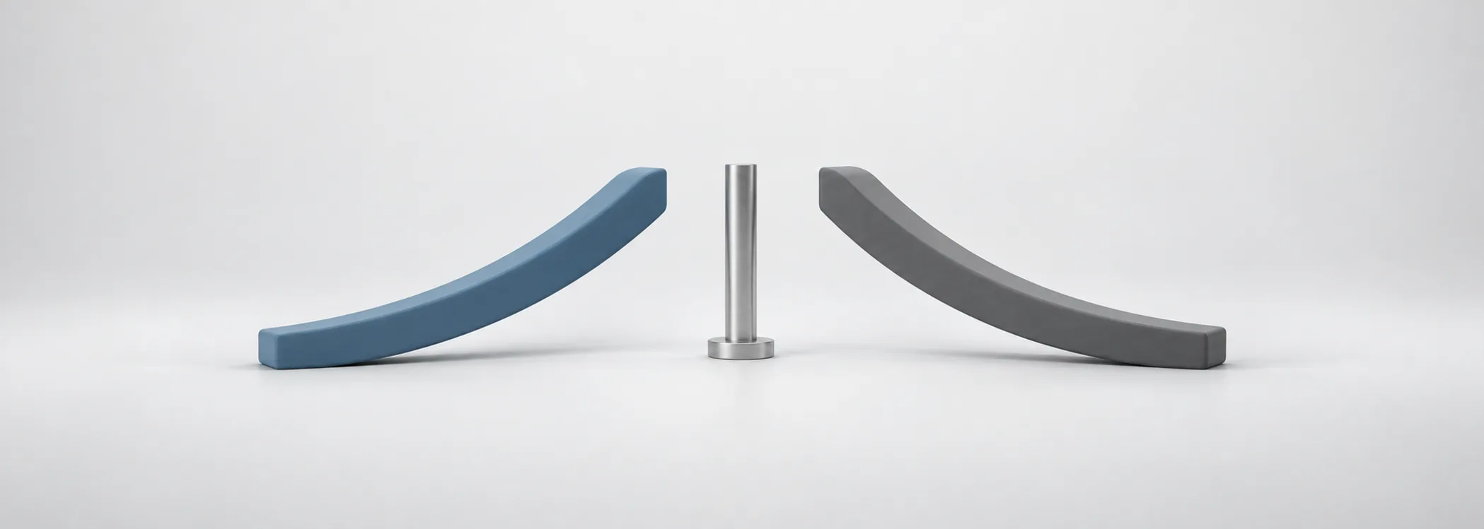 A steel-blue rising arch and graphite descending arch beside a silver marker, representing market moves from a fixed starting point.