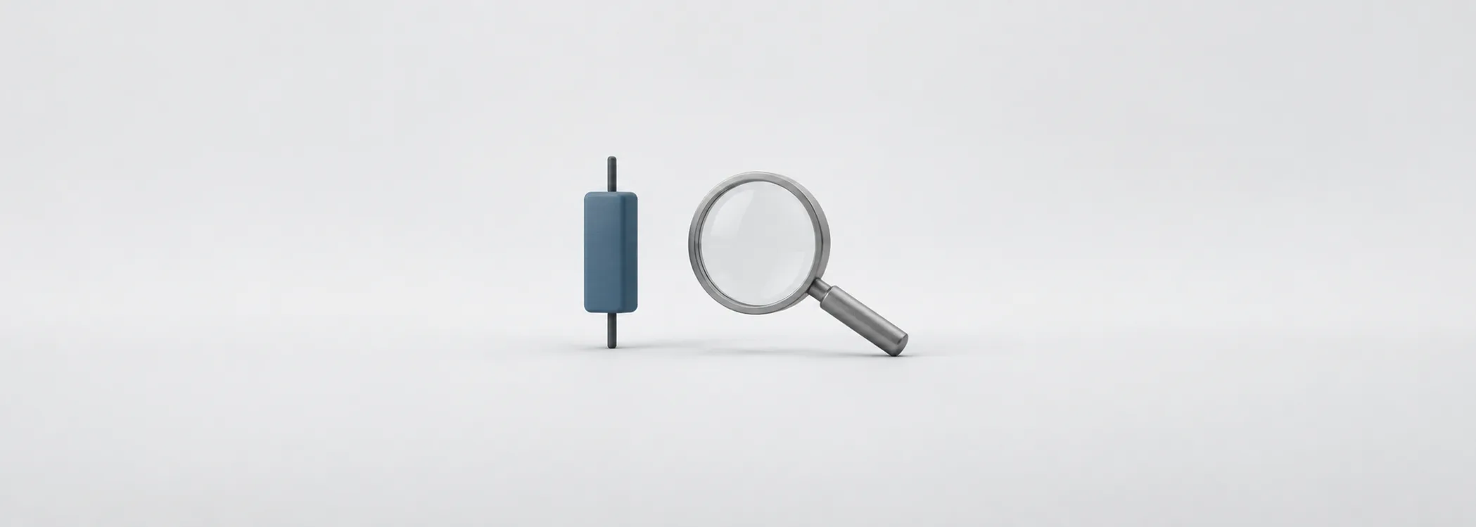 A steel-blue price candle with a graphite stem beside a silver magnifying glass, representing a closer look at prices.