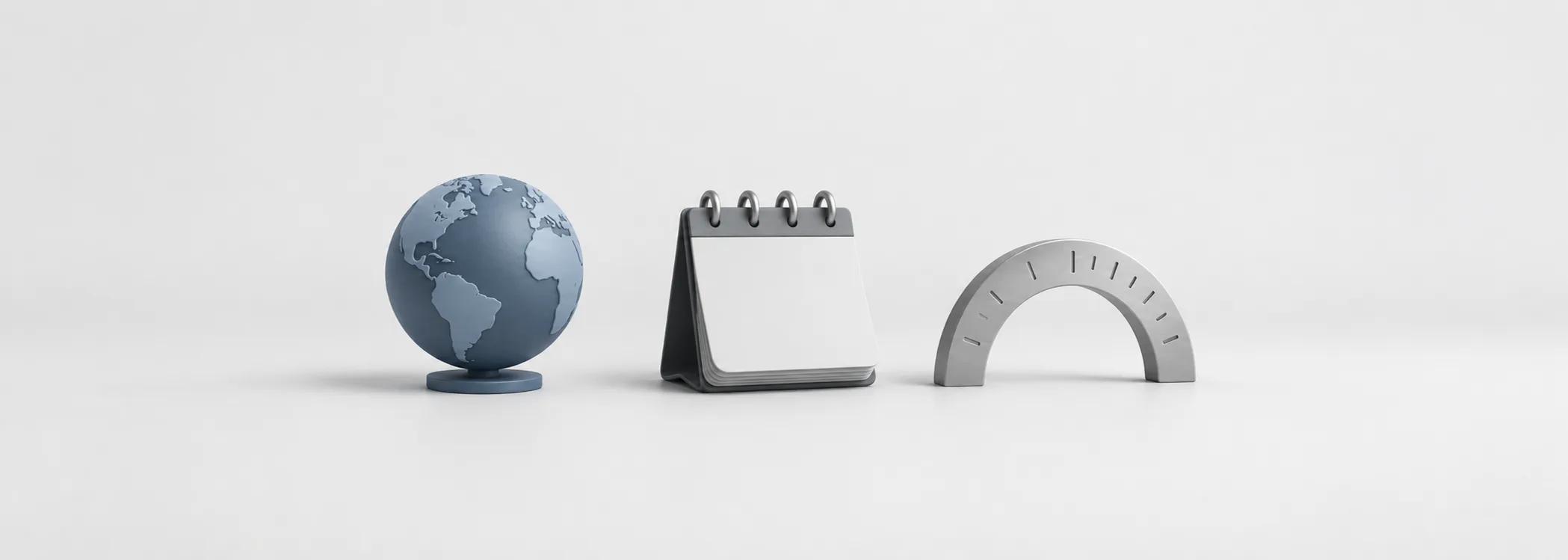 A steel-blue globe, graphite desk calendar, and silver measuring arch represent market valuation across time.