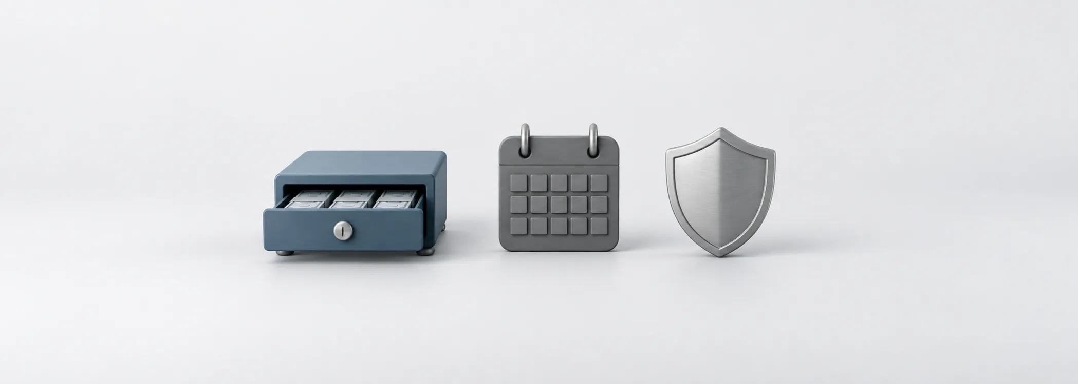 A steel-blue cash drawer, graphite calendar and silver shield represent access, spending dates and protection for cash.