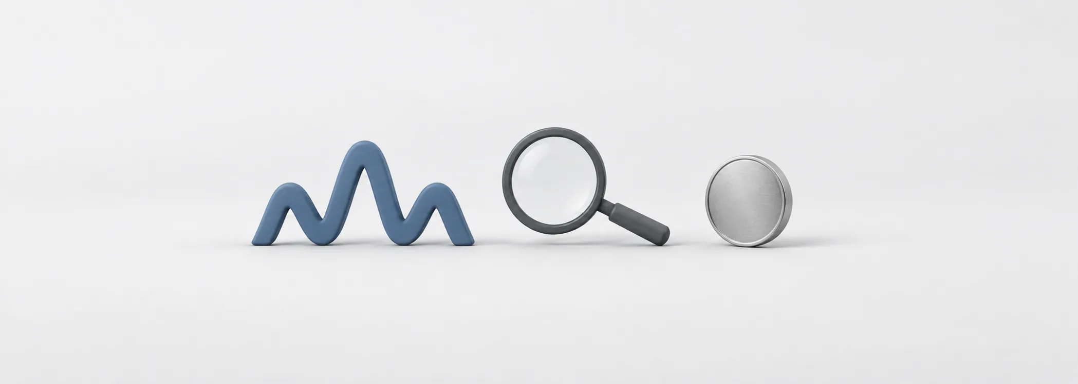 A steel-blue three-peaked ribbon, graphite magnifying glass and silver coin represent testing a chart pattern's value.