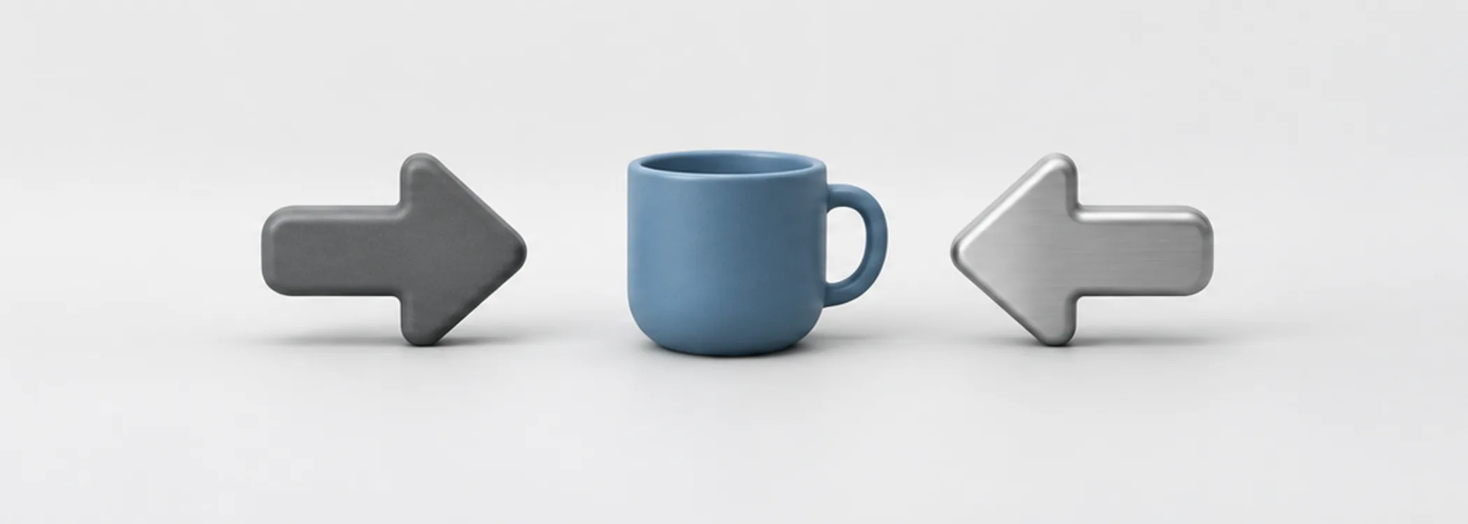 A steel-blue coffee cup between opposing graphite and silver arrows represents pressure on a coffee business's profits.
