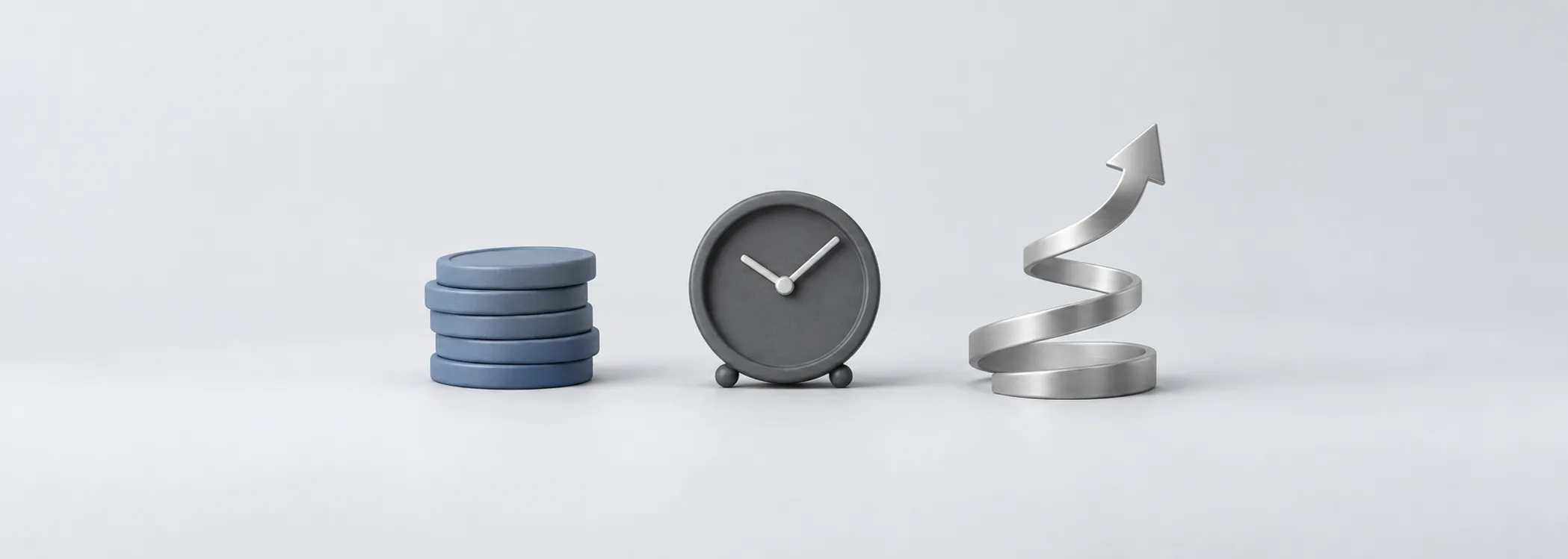 A steel-blue coin stack, graphite clock and silver rising spiral represent money building on earlier gains over time.