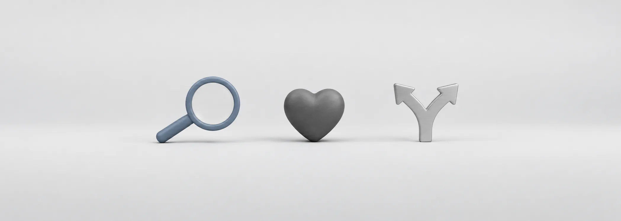 A steel-blue magnifying glass, graphite heart and silver forked arrow represent examining a stock you love.