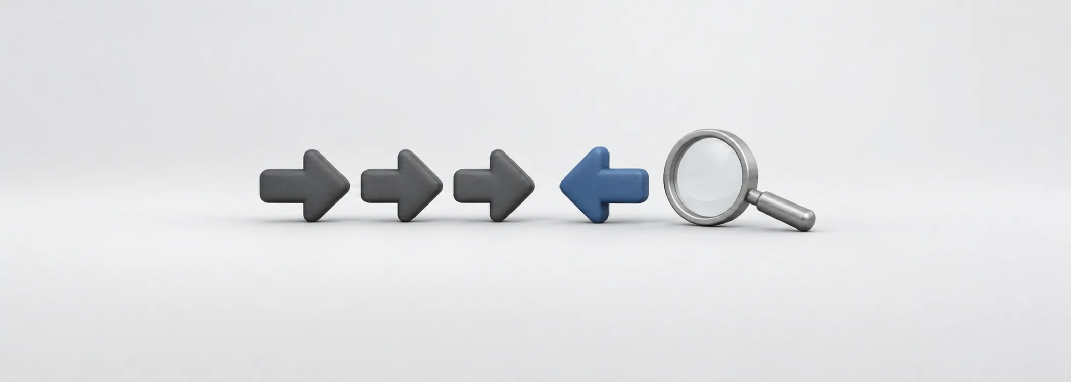 A steel-blue arrow faces opposing graphite arrows beside a silver magnifying glass, representing researched disagreement.