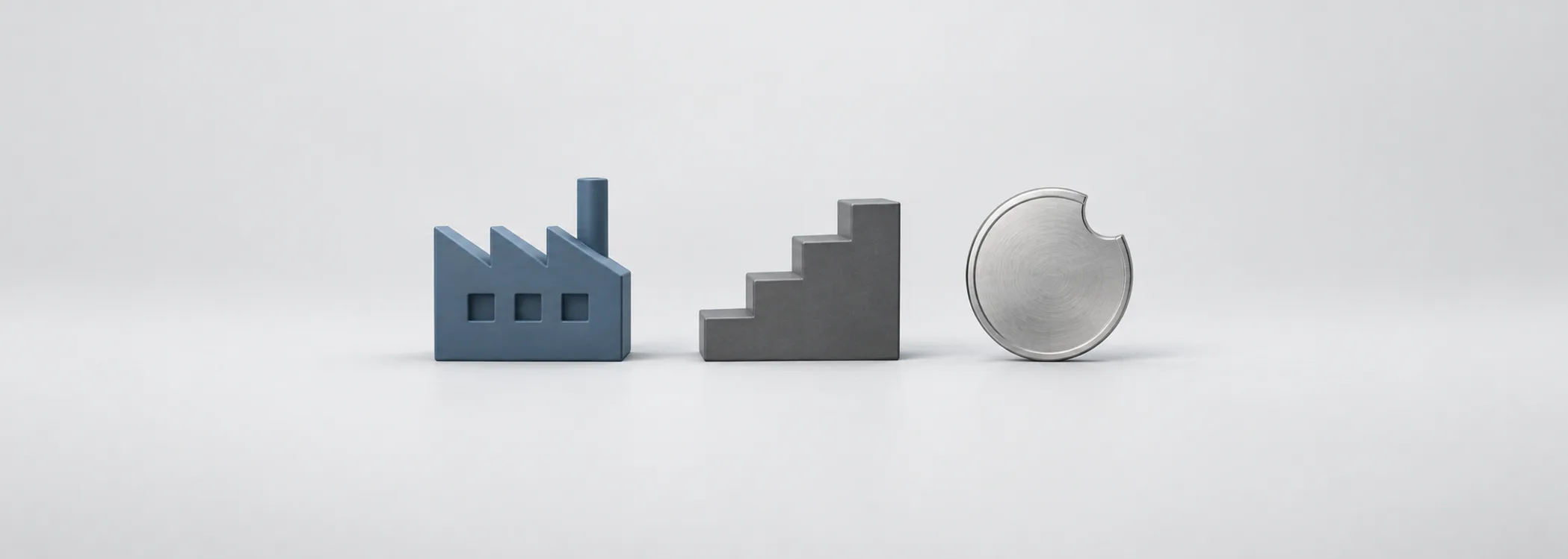 A steel-blue factory, graphite staircase and chipped silver coin represent a borrower, credit ratings and possible losses.