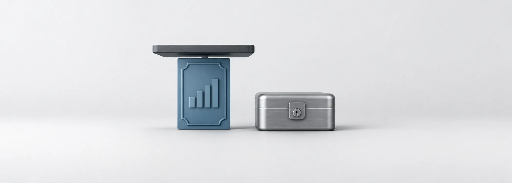 A steel-blue stock certificate beneath a graphite ceiling beside a silver cash box, representing capped gains and committed cash.