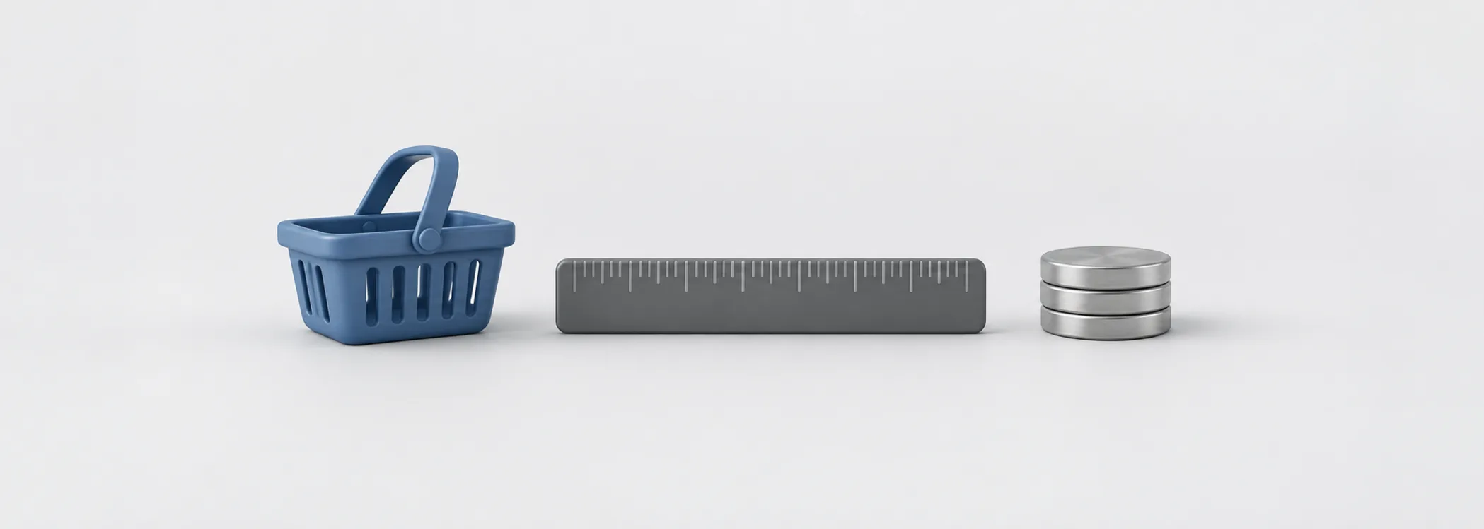 A steel-blue shopping basket, a graphite ruler and three silver coins represent measuring consumer prices.