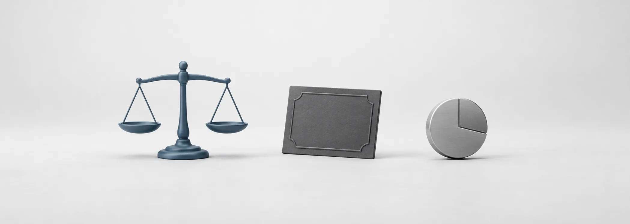 A steel-blue balance scale beside a graphite bond tile and silver ownership token represents weighing debt and equity returns.