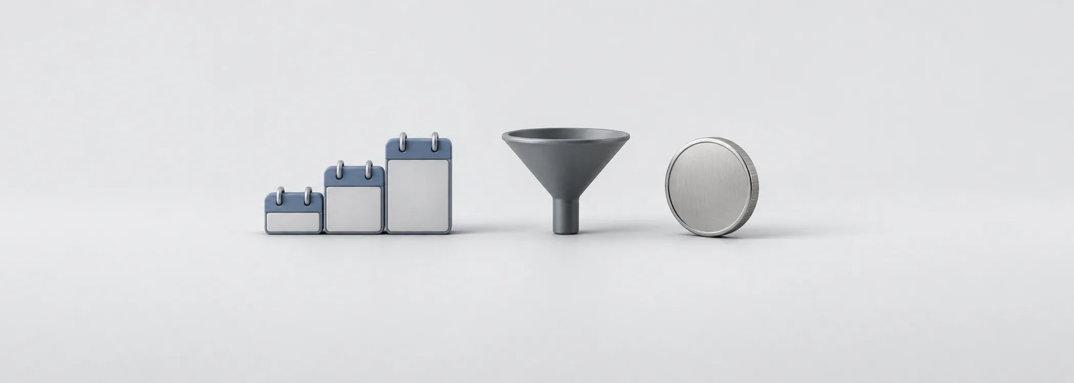 A steel-blue calendar staircase, graphite funnel and silver coin represent future cash brought into present value.