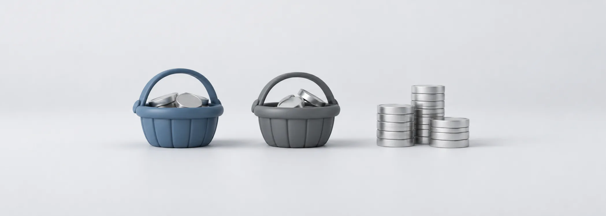 Steel-blue and graphite baskets beside divided stacks of silver coins, representing money spread among investments.