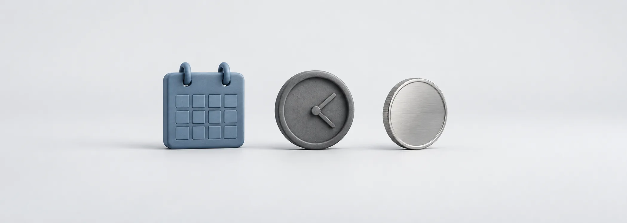 A steel-blue calendar, graphite clock and silver coin represent dividend eligibility and the later arrival of cash.