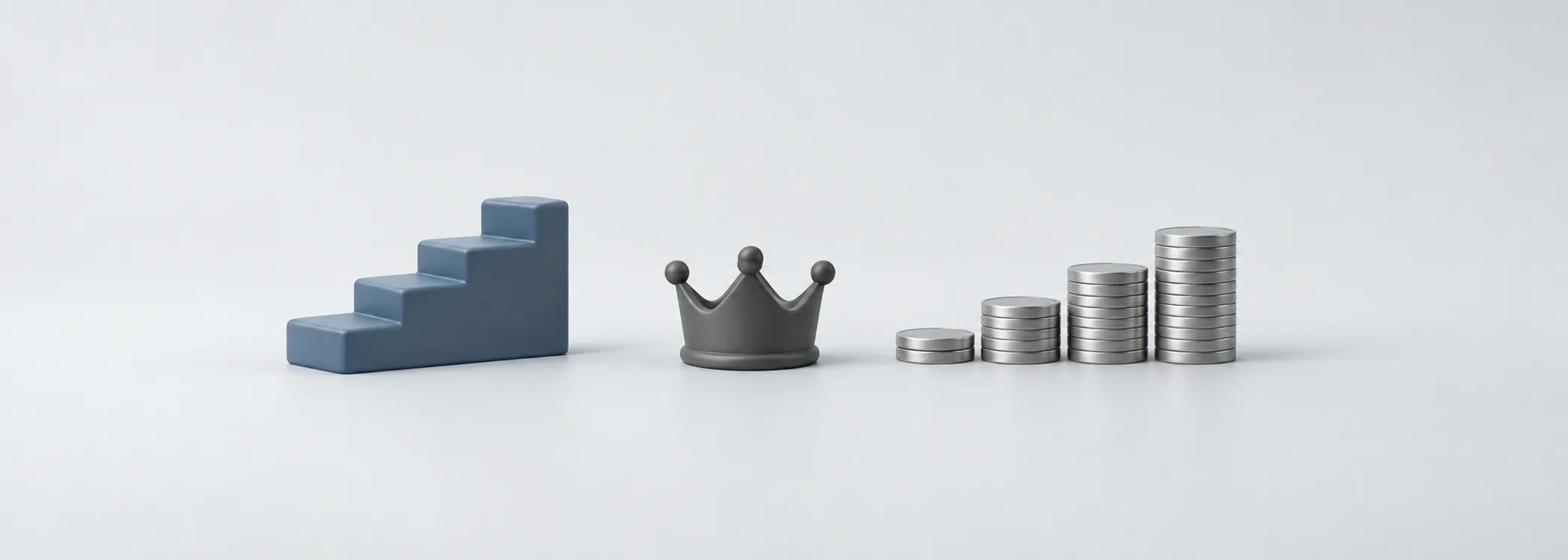 A steel-blue staircase, graphite crown and rising silver coin stacks symbolize dividend growth and long payment streaks.