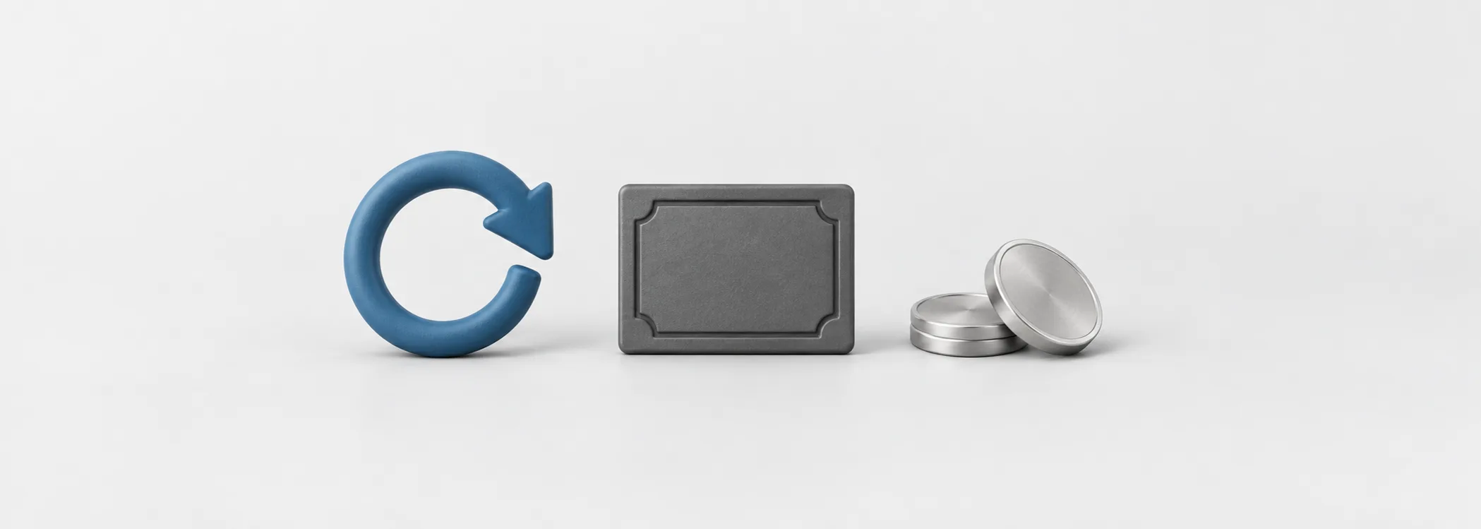A steel-blue circular arrow, graphite share tile, and silver coins represent dividends returning to buy more shares.