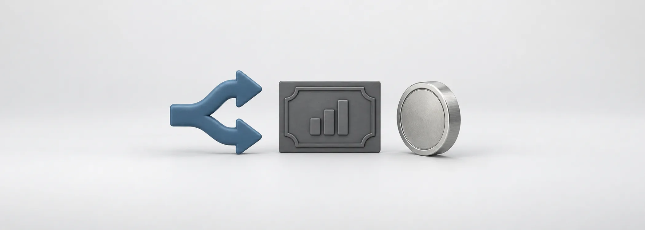 A steel-blue branching arrow, graphite share certificate and silver coin represent two ways to return company cash.