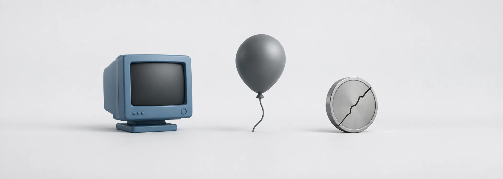 A steel-blue computer monitor, graphite balloon and cracked silver coin represent internet promise and investment losses.