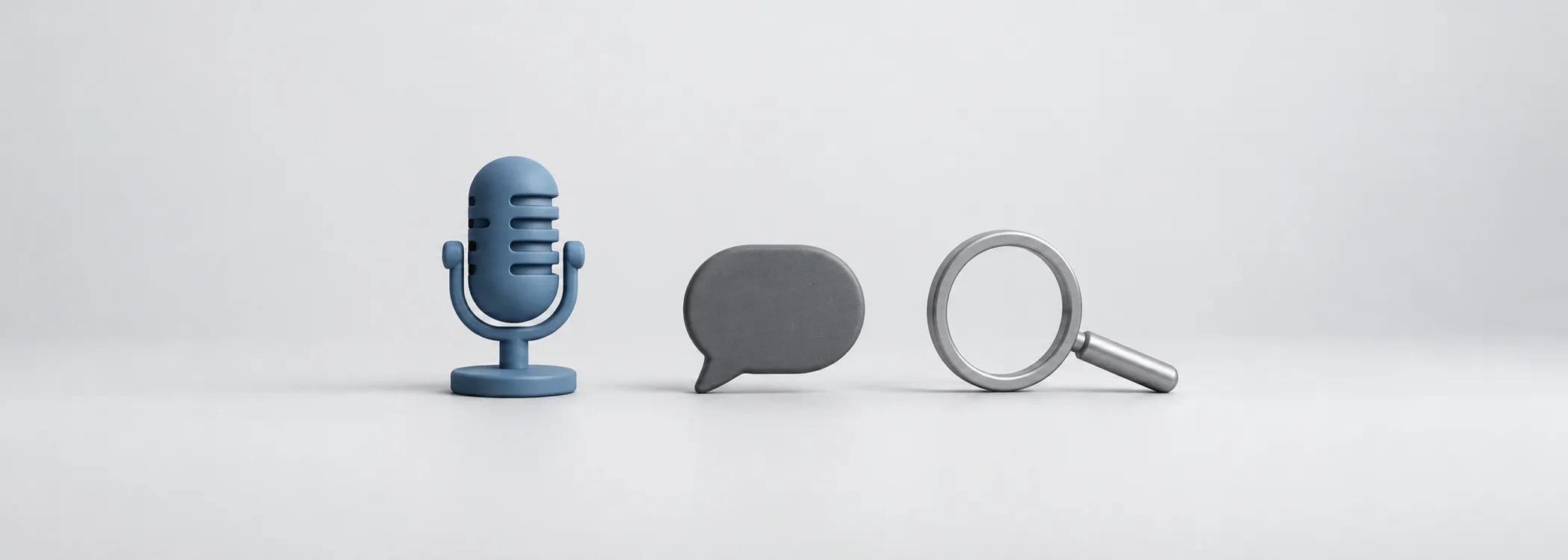 A steel-blue microphone, graphite speech bubble and silver magnifying glass represent listening to and checking management's answers.