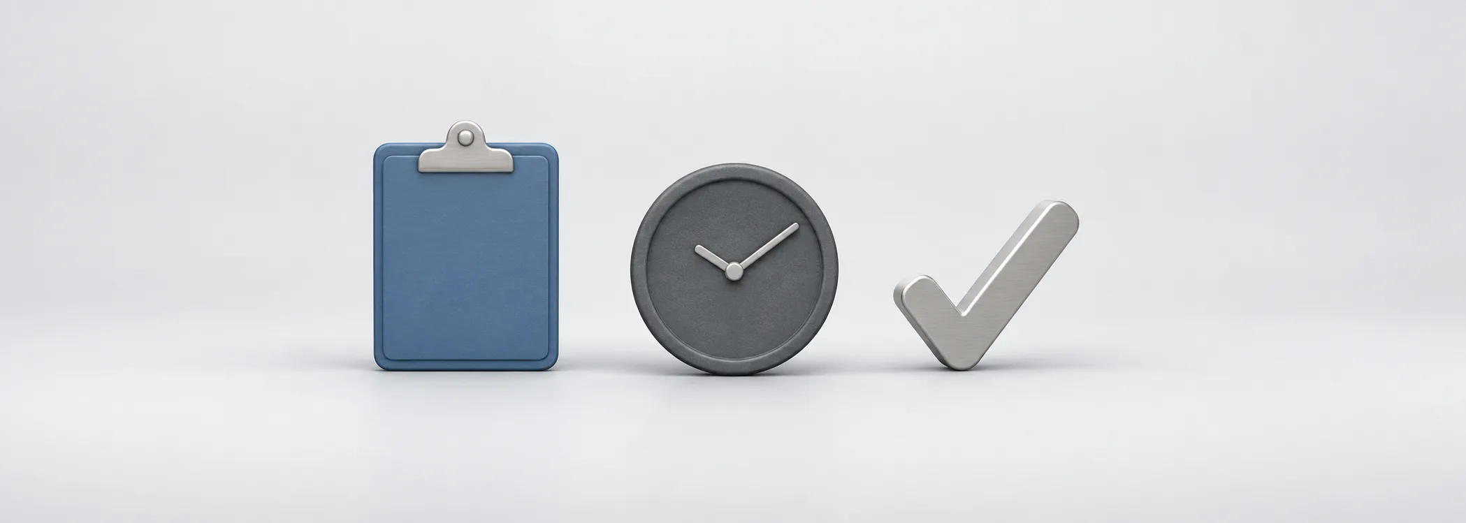 A steel-blue clipboard, graphite clock and silver check mark represent a measured review of earnings evidence.