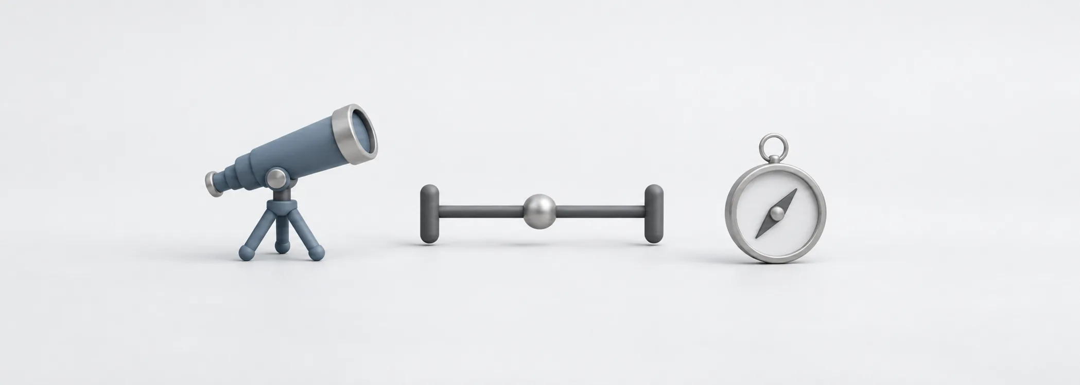 A steel-blue telescope, graphite range bar and silver compass represent a forecast with boundaries and direction.