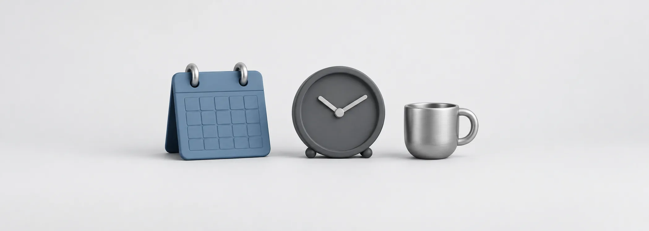 A steel-blue calendar tile, graphite clock and silver coffee cup represent the timing of earnings announcements.