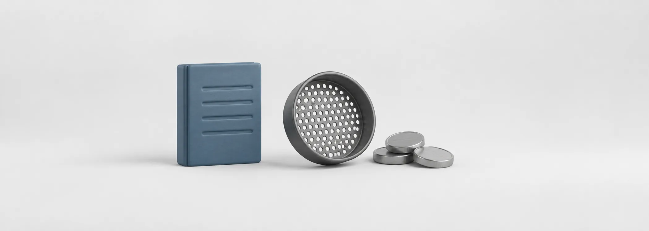 A blue report slab, a graphite sieve and three silver coins represent filtering costs out of reported earnings.