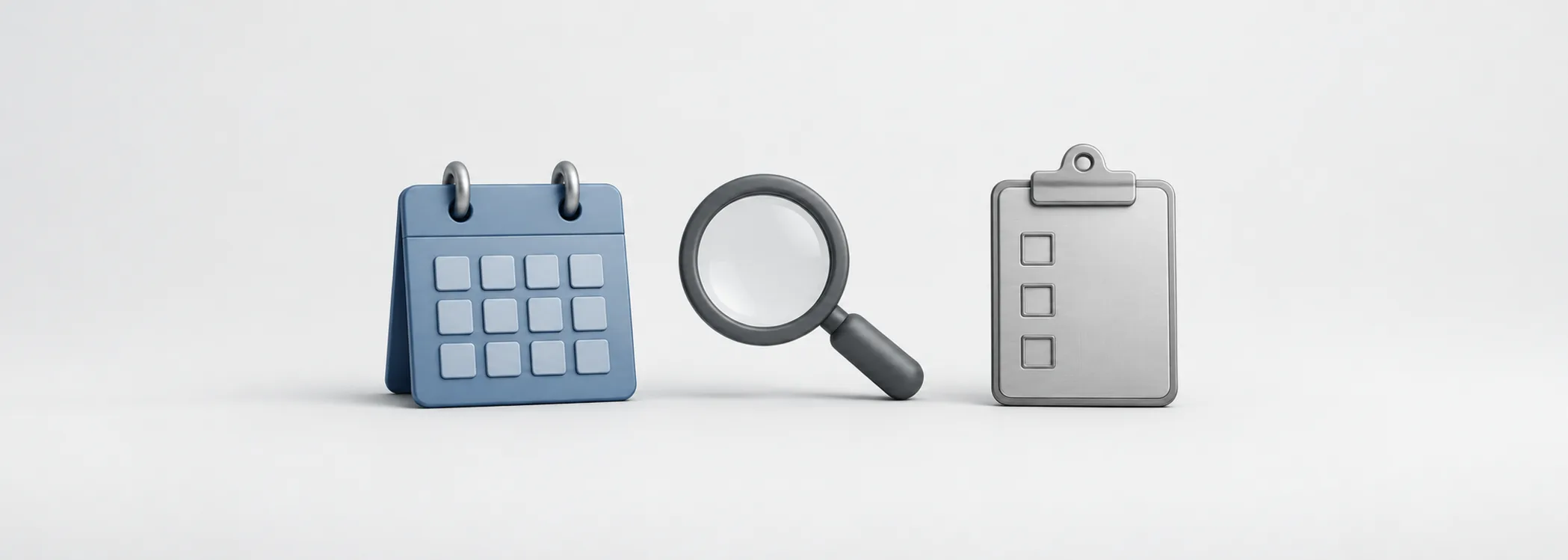 A steel-blue calendar, graphite magnifying glass and silver checklist represent checking an economic release.