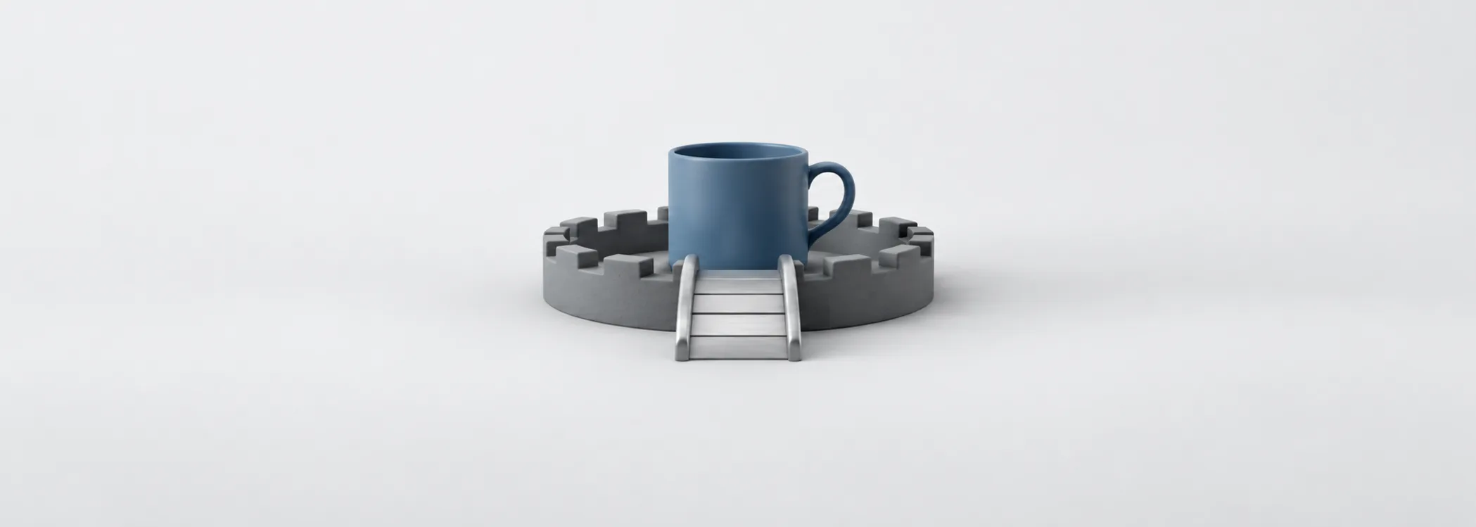 A steel-blue coffee cup inside a low graphite wall with a silver bridge, representing a business's defenses against competition.