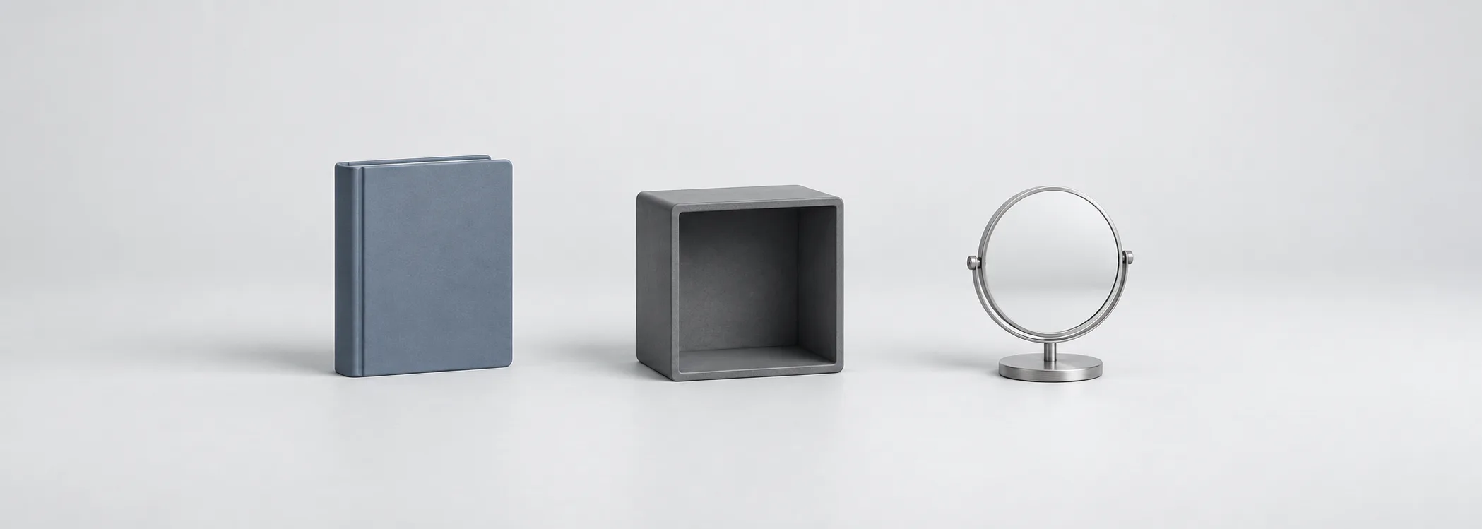 A steel-blue ledger, hollow graphite box and silver mirror represent reported accounts and the risks hidden behind them.