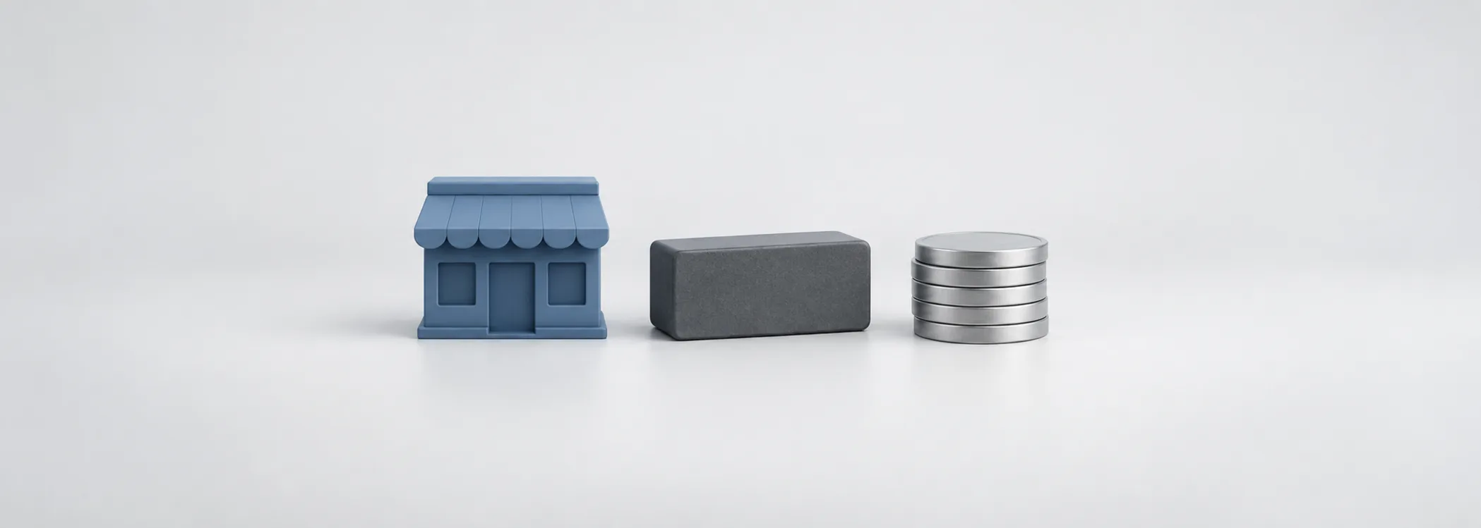A steel-blue storefront, graphite loan block, and silver coins represent a business, its debt, and its cash.