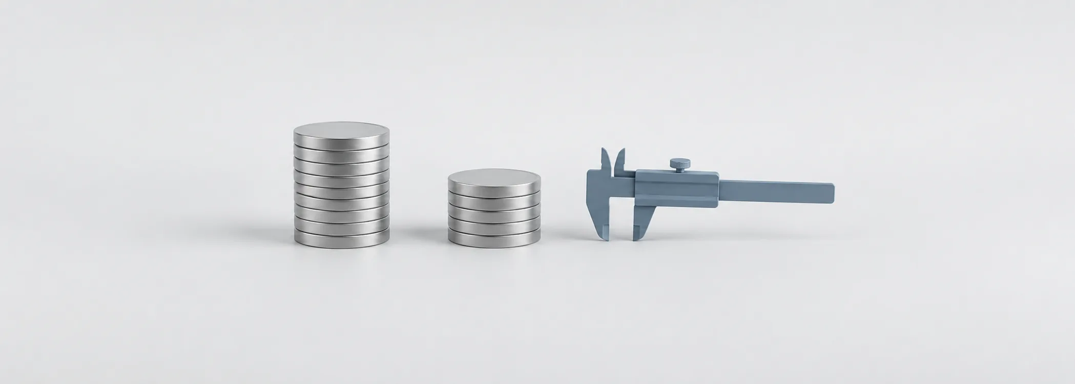 Two silver coin stacks of different heights beside a steel-blue caliper, representing the long-run difference fund costs make.