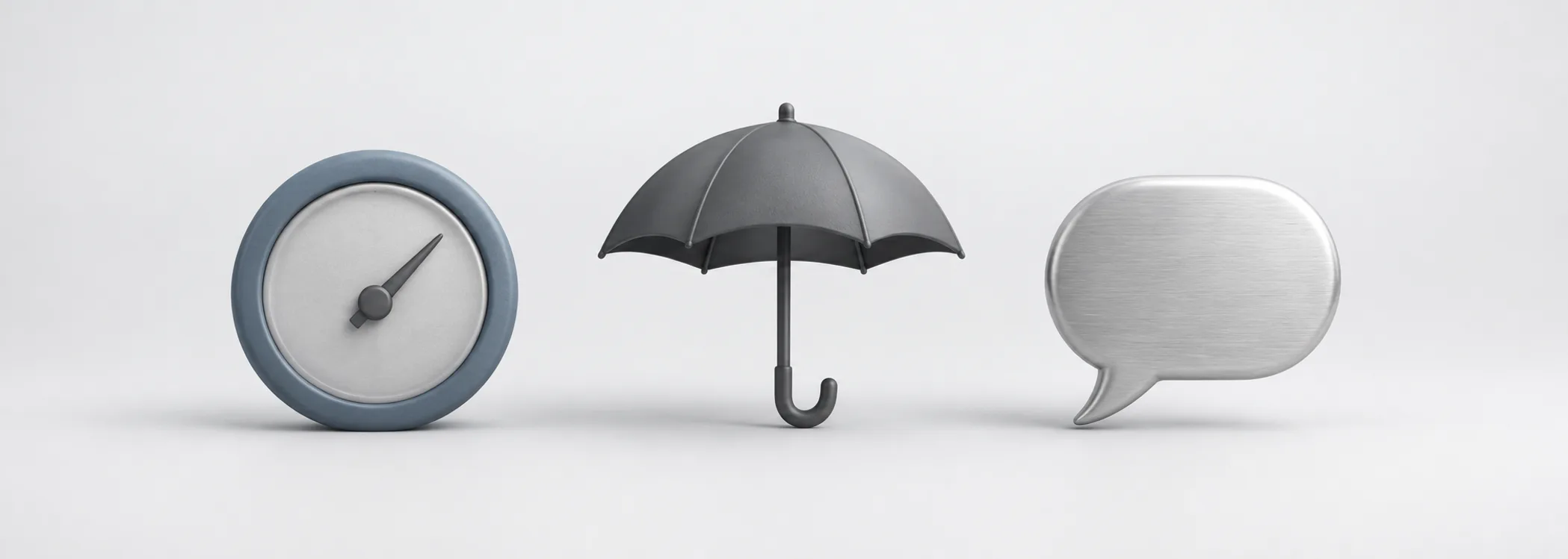 A steel-blue gauge, graphite umbrella and silver speech bubble represent market expectations, protection and investor opinions.