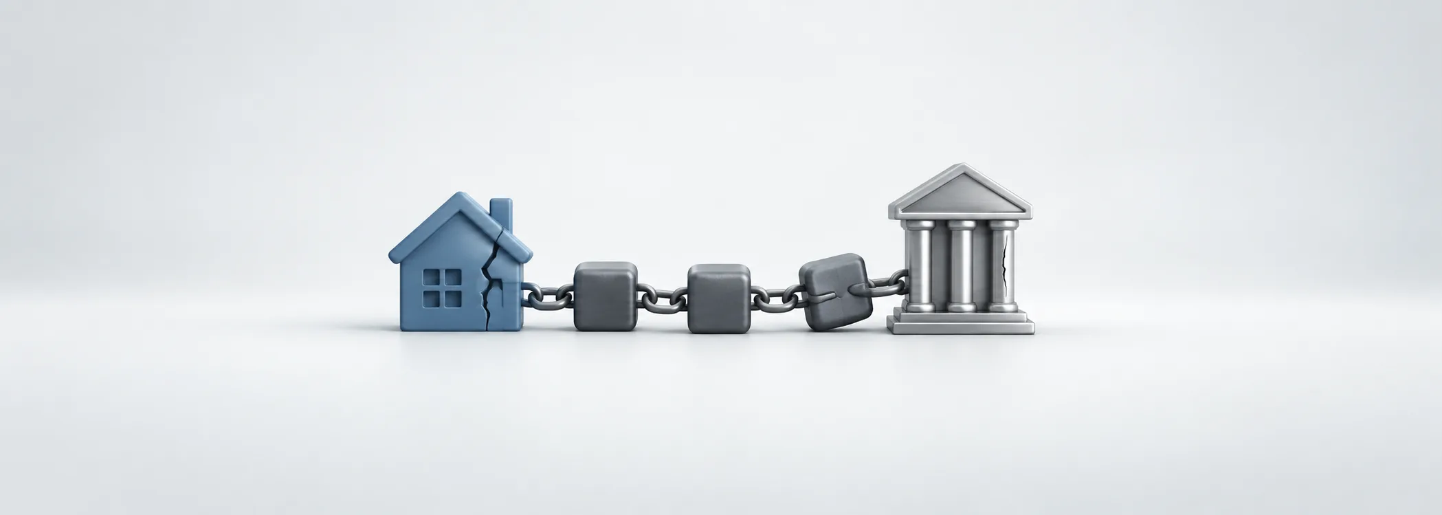 A cracked steel-blue house connects through graphite blocks to a silver bank, showing housing losses spreading into finance.