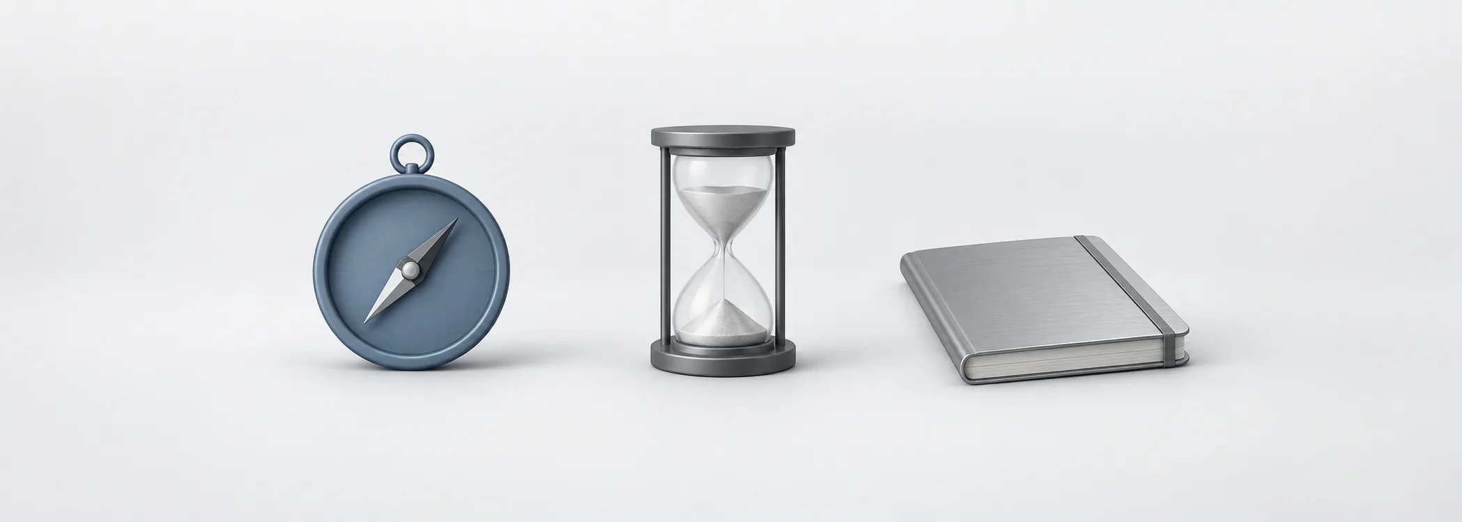 A steel-blue compass, graphite hourglass and silver notebook representing direction, available time and a research plan.