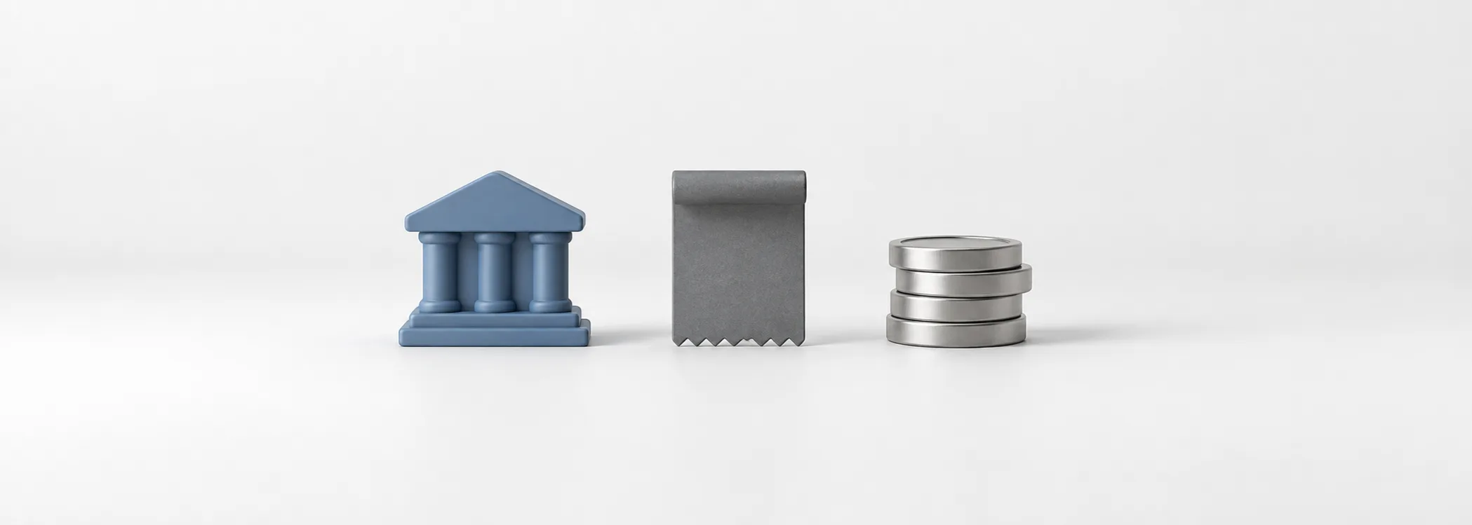 A steel-blue government building, graphite receipt tile and silver coins represent public spending, taxes and borrowing.