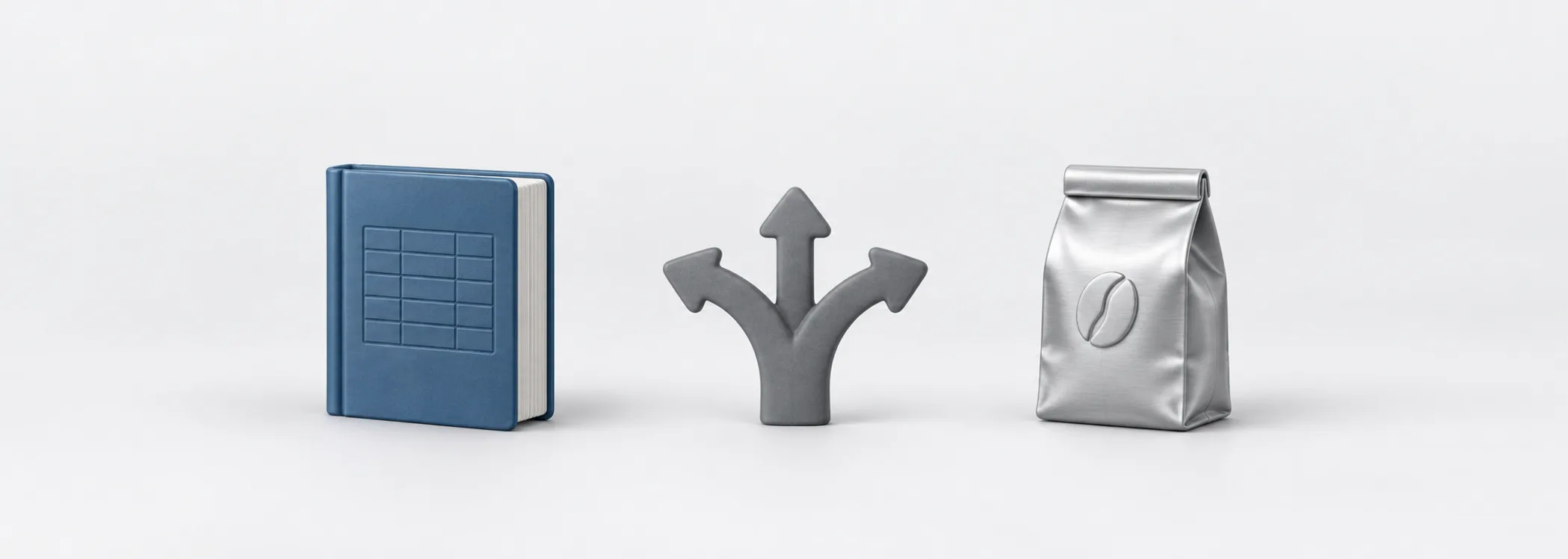 A blue ledger, a graphite branching path and a silver coffee bag represent operating evidence and possible cash-flow paths.