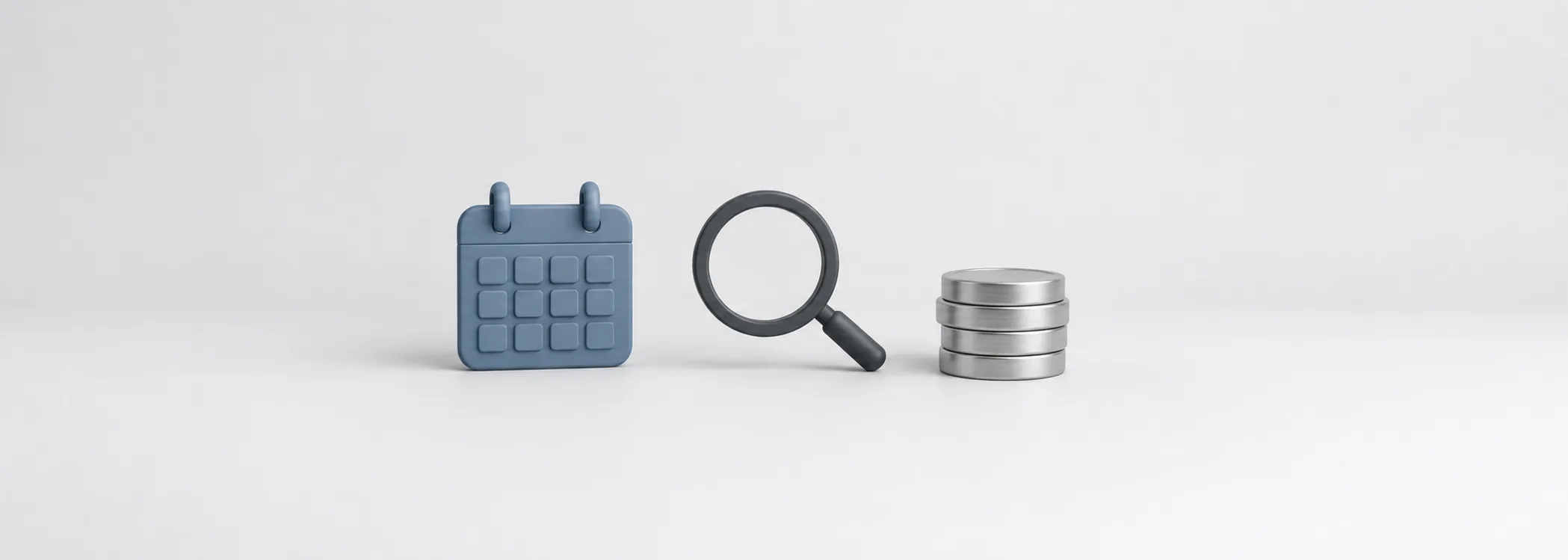 A steel-blue calendar, graphite magnifying glass and silver coins represent inspecting the earnings forecast behind a stock's price.
