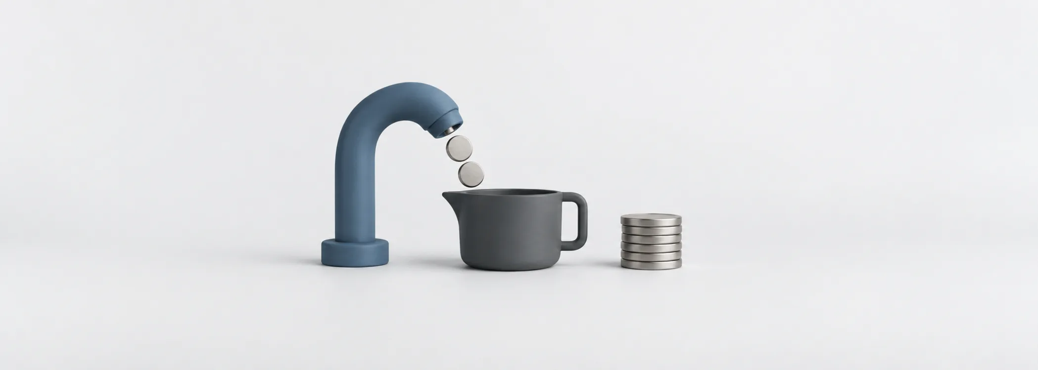 A steel-blue cash spout, graphite measuring cup, and silver coins represent measuring company cash generation.
