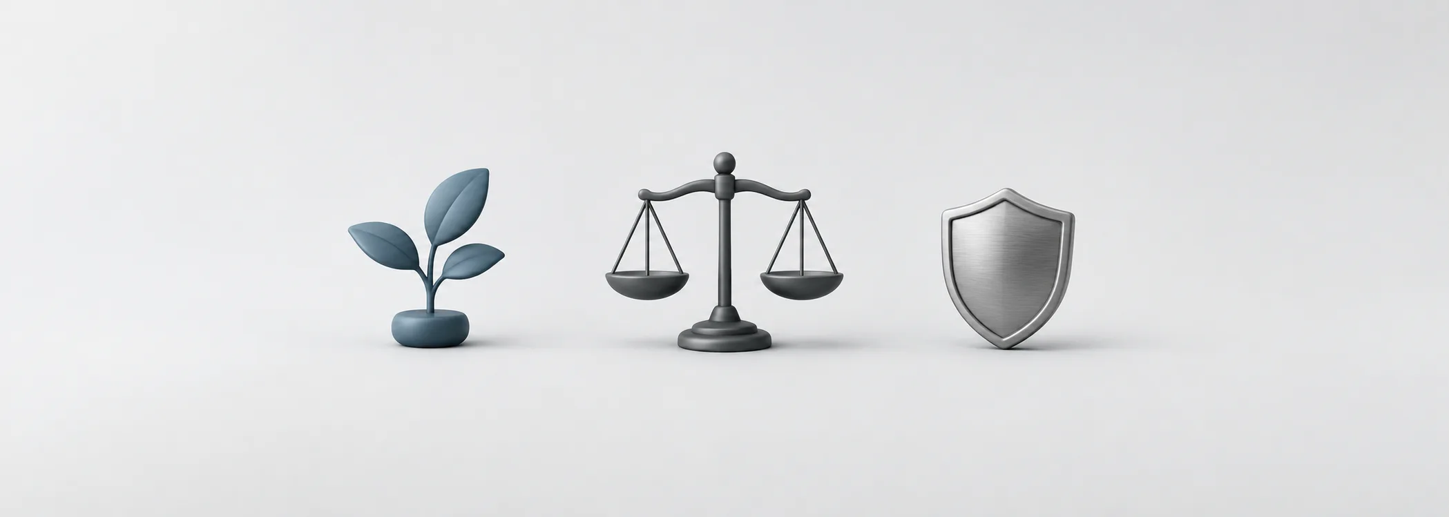 A steel-blue sapling, graphite balance scale and silver shield represent growth, price discipline and business durability.