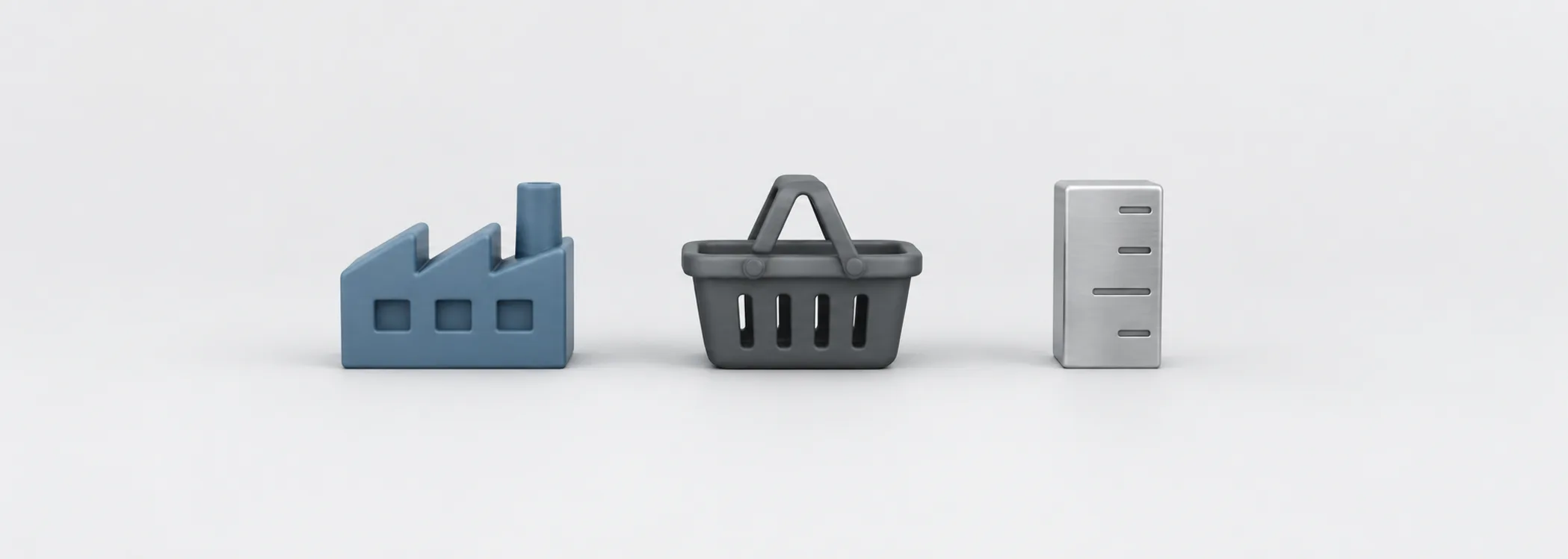 A steel-blue factory, graphite shopping basket and silver measuring block represent producing, spending and measuring output.
