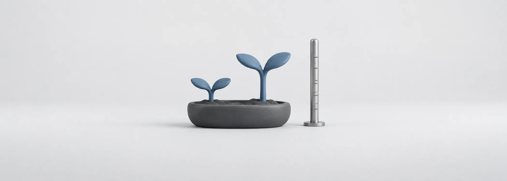 Two steel-blue seedlings in a shallow graphite pot beside a silver measuring rod, representing growth put to a test.